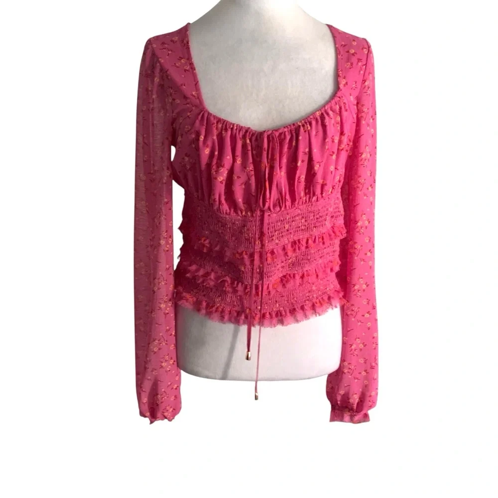 Free People Small Pink Floral Long Sleeve Milkmaid Festival Boho Blouse Top